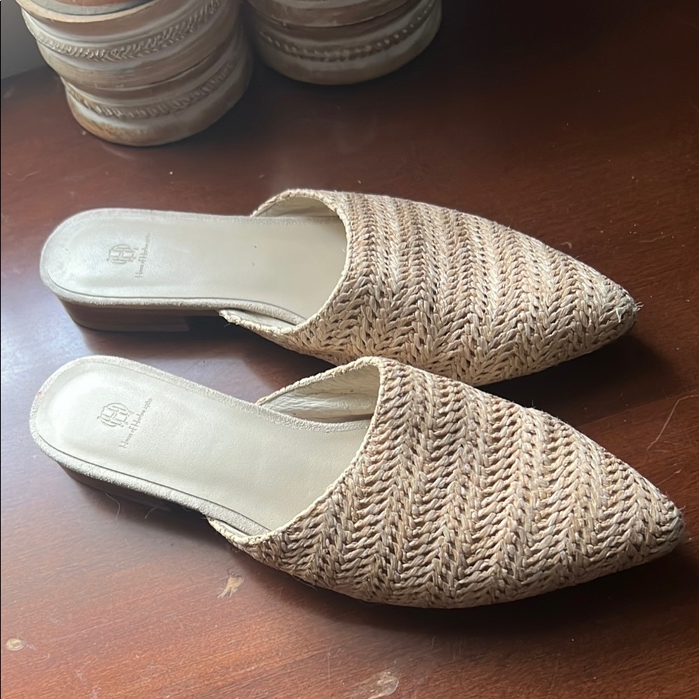 House of Harlow 1960 Tan Mules Woven Elegance